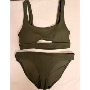 Aerie Green Crinkle Ribbed Bikini Set - Scoop Top & Full Bottoms Size Medium